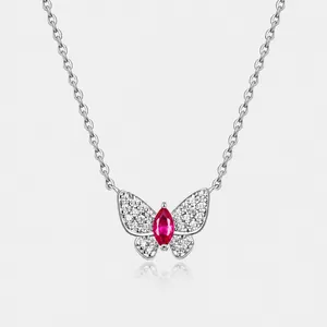 925 Sterling Silver Butterfly Pendant Necklace Lab-Grown Ruby Emerald Sapphire Zirconia Inlaid Clavicle Chain Jewelry Gift For Women