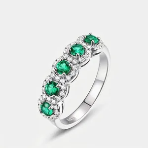 925 Sterling Silver Lab-Grown Emerald Ring For Women Vintage Inlaid Rhinestone Halo Eternity Band Fashion Jewelry Gift