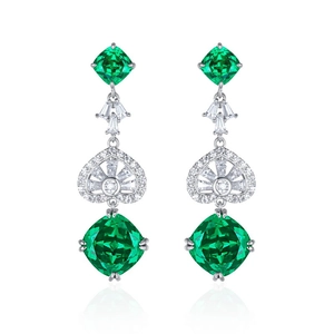 Elegant S925 silver drop earrings featuring square-cut emerald-green gemstones in a long style