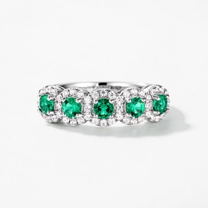 S925 silver ring with five emerald-cut green gemstones and white diamond halo settings