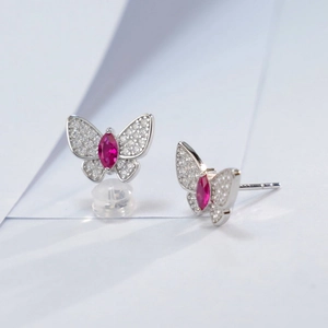 S925 silver butterfly earrings with pink lab ruby and sparkling zircon accents