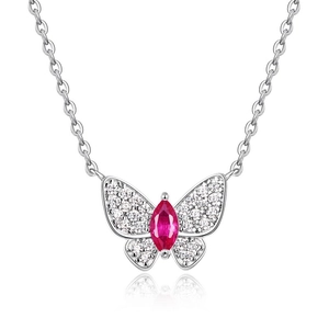 S925 silver butterfly pendant necklace with magenta gemstone and micro-pave diamond wings