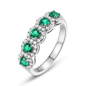 S925 sterling silver ring with five green emeralds and white diamonds on white background