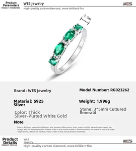 Bague en argent S925 avec émeraudes 3x5mm et spécifications détaillées du produit