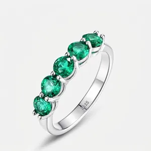 Vintage Luxurious 925 Sterling Silver Lab Grown Emerald Ring For Women Round Cut Green Stone Inlaid Prong Set Finger Ring Jewelry