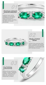 Vue macro d'une bague en argent S925 avec trois émeraudes ovales et de petits diamants blancs