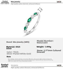 Détail de la bague en argent S925 avec émeraude marquise et zircons blancs