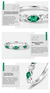 Détail macro d'une bague en argent S925 avec émeraudes marquises et oxydes de zirconium