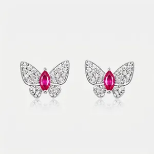 925 Sterling Silver Lab Grown Ruby Butterfly Stud Earrings For Women Elegant Rhinestone Pave Animal Shape Ear Jewelry Gift