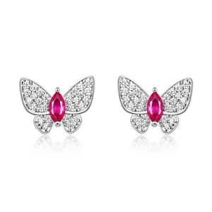 Elegant S925 silver butterfly earrings with red gemstone and micro-pave crystals