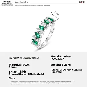 Detailed specs of S925 silver ring featuring marquise-cut lab emeralds and white stones