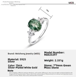 Macro detail of 9mm oval green moss agate ring with S925 sterling silver prong setting