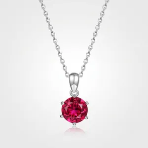Elegant 925 Sterling Silver Pendant Necklace For Women Six-Prong Round Lab-Grown Ruby Emerald Sapphire Clavicle Chain Jewelry