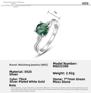 Detailed specs of S925 silver ring with 7x7mm moss agate and high carbon diamonds