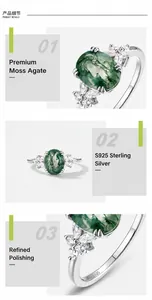 Macro detail of S925 silver ring featuring oval moss agate and brilliant carbon diamonds