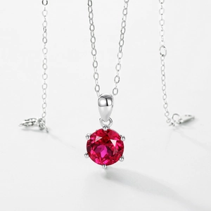 Elegant S925 silver necklace with a six-prong lab-grown ruby pendant on a delicate chain