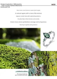 Detailed view of marquise cut green moss agate ring with white and green accent stones