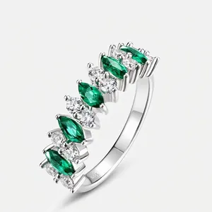 925 Sterling Silver Lab-Grown Emerald Ring Marquise Cut Green Gemstone Rhinestone Inlaid Retro Fashion Jewelry For Women