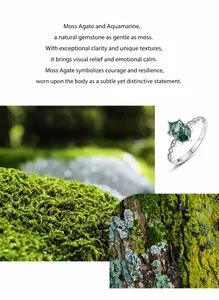 Detailed close-up of S925 sterling silver stamp on a hexagonal green moss agate ring