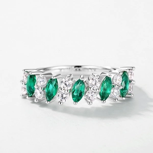 Marquise cut emerald green gemstone ring in S925 sterling silver with sparkling accents