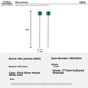 Dimensions détaillées des boucles d'oreilles émeraude en argent S925, longueur de 49mm
