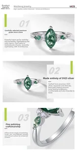 Macro detail of marquise green moss agate ring in S925 silver with zircon accents