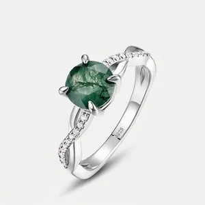 Vintage 925 Sterling Silver Moss Agate Ring For Women High-End Twisting Band Rhinestone Inlaid Ring Geometric Jewelry Gift
