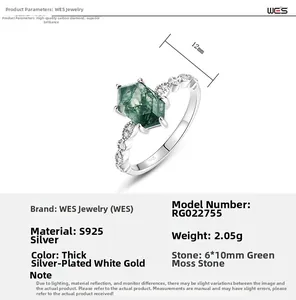 Detailed specs of S925 silver ring featuring a 6x10mm hexagonal green moss agate stone