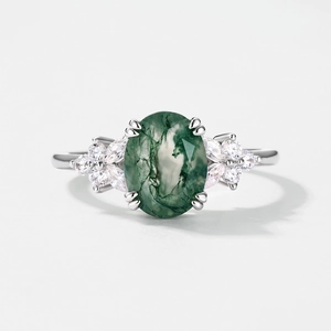 Classic oval moss agate ring in S925 sterling silver with elegant marquise side diamonds