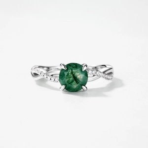 S925 sterling silver moss agate ring with twisted band and sparkling white zircons