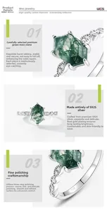 Macro details of hexagonal green moss agate ring set in polished S925 sterling silver