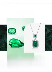 Detail view of emerald cut green gemstone necklace with silver claw setting and white zircons