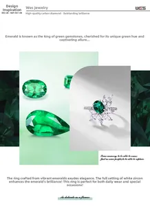 Macro detail of emerald green ring with marquise cut white zircon floral setting