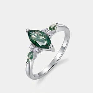 Marquise Moss Agate S925 Sterling Silver Ring Vintage Forest Style Rhinestone Inlaid Fashion Jewelry Wedding Gift For Women