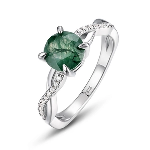 Classic S925 sterling silver ring with green moss agate stone and zircon stones