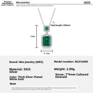 Detail view of emerald necklace dimensions 19x9.5mm and S925 silver specifications