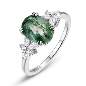Classic S925 sterling silver ring with oval green moss agate and side zircon accents