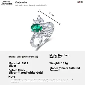 Detail view of S925 silver ring with 6x8mm oval emerald and flower diamond halo