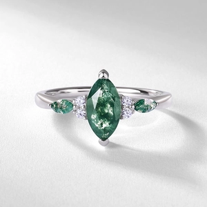 Marquise-cut natural moss agate ring in S925 sterling silver with elegant side stone accents