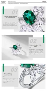 Macro detail of S925 silver ring with emerald-cut lab emerald and marquise zircon stones