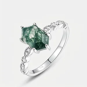 Vintage S925 Sterling Silver Moss Agate Ring For Women Hexagon Water Grass Agate Geometric Rhinestone Inlaid Fashion Ring Jewelry