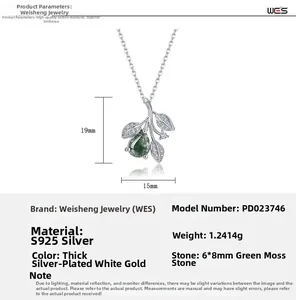 Detail view of S925 silver leaf pendant with 6x8mm green moss agate and dimensions