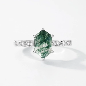 Elegant hexagon moss agate ring in S925 sterling silver with side zircon accents