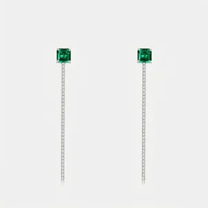 Boucles d'Oreilles Gland en Argent Sterling 925 Avec Émeraude de Culture Taille Princesse Pierre Verte Longues Pour Femmes