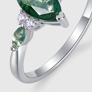 S925 silver ring featuring marquise-cut green moss agate and white zircon accents