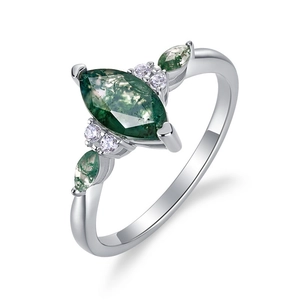 Marquise moss agate silver ring featuring side zircon accents on a clean white background