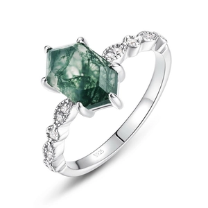 Hexagonal green moss agate ring in S925 sterling silver with micro-pave diamond band