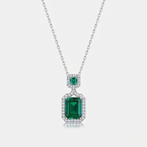 Elegant 925 Sterling Silver Lab Grown Emerald Pendant Necklace For Women Vintage Geometric Zirconia Halo Necklaces Jewelry Gift