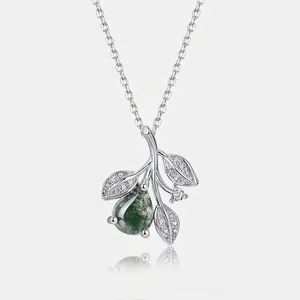 S925 Sterling Silver Moss Agate Pendant Necklace Natural Green Water Grass Agate Teardrop Leaf Rhinestone Necklace For Women