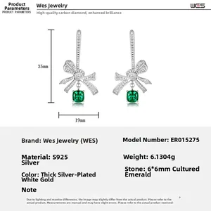 Detailed size specifications for S925 silver bow earrings with 6mm lab emerald drops